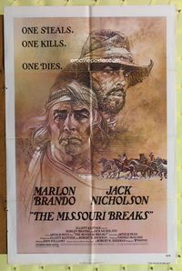 7s637 MISSOURI BREAKS 1sh '76 art of Marlon Brando & Jack Nicholson by Bob Peak!