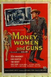 7s644 MONEY, WOMEN & GUNS 1sh '58 cowboy Jock Mahoney w/revolver, cool gambling image!