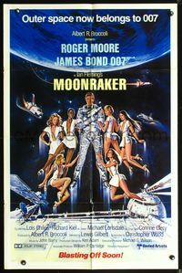 7s649 MOONRAKER advance int'l 1sh '79 art of Roger Moore as James Bond & sexy babes by Gouzee!