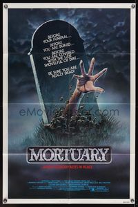 7s653 MORTUARY 1sh '84 Satanic cult, cool artwork of hand reaching up from grave!