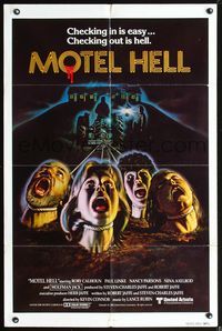 7s655 MOTEL HELL int'l 1sh '80 wild horror art, checking in is easy...checking out is hell!