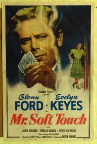 7s662 MR. SOFT TOUCH 1sh '49 gambler Glenn Ford studies his poker hand, sexy Evelyn Keyes!