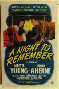 7s693 NIGHT TO REMEMBER style B 1sh '42 Loretta Young & Brian Aherne meet under the table!