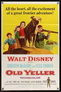 7s724 OLD YELLER 1sh R65 Dorothy McGuire, Fess Parker, great art of Disney's most classic canine!