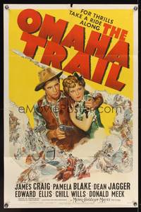 7s726 OMAHA TRAIL 1sh '42 artwork of cowboy James Craig & Pamela Blake, wagon train attack!