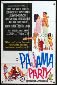 7s747 PAJAMA PARTY 1sh '64 Annette Funicello in sexy lingerie, Tommy Kirk, Buster Keaton shown!