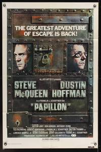 7s749 PAPILLON 1sh R77 great different art of prisoners Steve McQueen & Dustin Hoffman!
