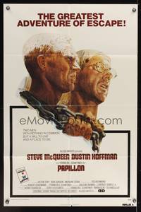 7s750 PAPILLON Int'l 1sh '73 great art of prisoners Steve McQueen & Dustin Hoffman by Tom Jung!
