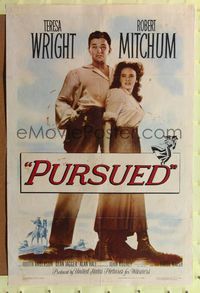 7s775 PURSUED 1sh '47 great full-length image of Robert Mitchum & Teresa Wright!