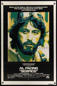 7s804 SERPICO 1sh '74 cool close up image of Al Pacino, Sidney Lumet crime classic!