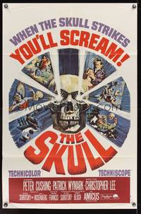 7s821 SKULL 1sh '65 Peter Cushing, Christopher Lee, cool horror artwork of creepy skull!