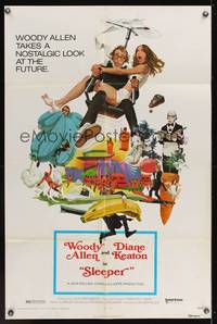 7s830 SLEEPER 1sh '74 Woody Allen, Diane Keaton, wacky futuristic sci-fi comedy art by McGinnis!