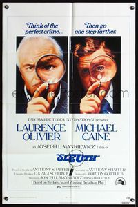 7s834 SLEUTH 1sh '72 Laurence Olivier & Michael Caine with magnifying glasses!