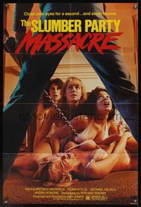 7s836 SLUMBER PARTY MASSACRE 1sh '82 killer stares down four sexy barely-dressed girls on floor!
