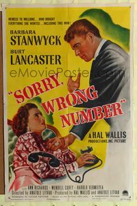 7s842 SORRY WRONG NUMBER 1sh '48 Burt Lancaster smacks the phone from Barbara Stanwyck!