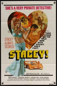 7s845 STACEY 1sh '73 Andy Sidaris directed, sexy artwork of Anne Randall, cool race car!