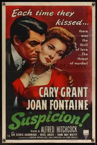 7s865 SUSPICION style A 1sh R53 Alfred Hitchcock, Cary Grant & Joan Fontaine in embrace!