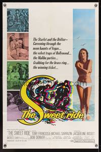 7s871 SWEET RIDE 1sh '68 1st Jacqueline Bisset standing topless in bikini, cool surfing art!
