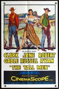 7s885 TALL MEN 1sh '55 full-length art of Clark Gable, sexy Jane Russell showing leg & Robert Ryan