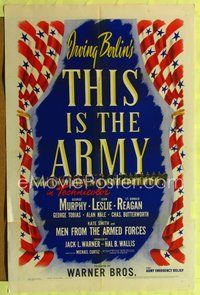 7s909 THIS IS THE ARMY 1sh '43 Irving Berlin musical, Lt. Ronald Reagan, cool patriotic design!