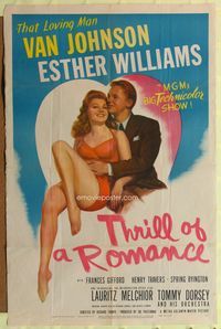 7s910 THRILL OF A ROMANCE 1sh '45 art of Van Johnson & sexy swimmer Esther Williams!