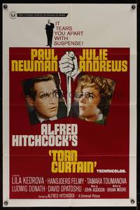 7s939 TORN CURTAIN 1sh '66 Paul Newman, Julie Andrews, Hitchcock tears you apart w/suspense!