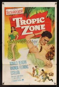 7s948 TROPIC ZONE 1sh '53 great art of Ronald Reagan romancing Rhonda Fleming, plus sexy Estelita!