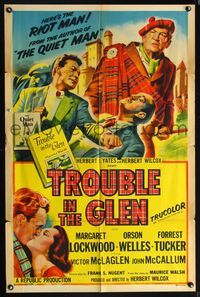 7s949 TROUBLE IN THE GLEN 1sh '54 art of Orson Welles & Margaret Lockwood in Scotland!