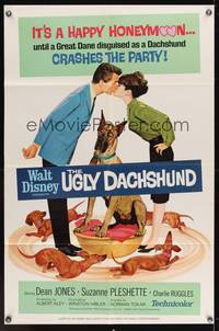 7s963 UGLY DACHSHUND 1sh '66 Walt Disney, great art of Great Dane with wiener dogs!