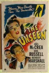 7s967 UNSEEN style A 1sh '44 Joel McCrea, Gail Russell, menace more deadly than The Uninvited!