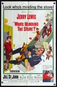 7s990 WHO'S MINDING THE STORE 1sh '63 Jerry Lewis is the unhandiest handyman, Jill St. John!