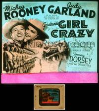 7t090 GIRL CRAZY glass slide '43 great close up of Mickey Rooney & Judy Garland in cowboy hats!
