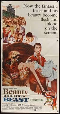 7v444 BEAUTY & THE BEAST 3sh '62 Mark Damon turns into a werewolf at night, Joyce Taylor