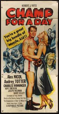 7v493 CHAMP FOR A DAY 3sh '53 full-length image of boxer Alex Nicol held by sexy Audrey Totter!