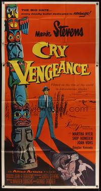 7v528 CRY VENGEANCE 3sh '55 Mark Stevens, film noir, cool totem pole art!