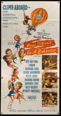 7v593 FIVE WEEKS IN A BALLOON 3sh '62 Jules Verne, Red Buttons, Fabian, Barbara Eden, climb aboard!