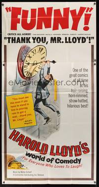 7v648 HAROLD LLOYD'S WORLD OF COMEDY 3sh '62 classic image hanging from clock from Safety Last!