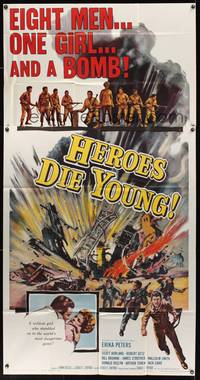 7v655 HEROES DIE YOUNG 3sh '60 eight men, one girl, and a bomb, cool World War II artwork!
