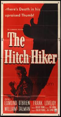 7v661 HITCH-HIKER 3sh '53 different film noir image of man with upraised thumb & shadow!