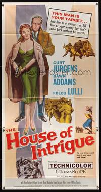 7v670 HOUSE OF INTRIGUE 3sh '59 full-length artwork of spies Curt Jurgens & Dawn Addams!