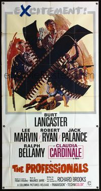 7v797 PROFESSIONALS 3sh '66 Terpning art of Burt Lancaster, Lee Marvin & sexy Claudia Cardinale!