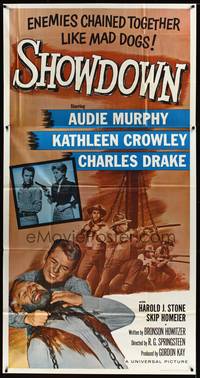 7v852 SHOWDOWN 3sh '63 Audie Murphy & enemies chained together + pretty Kathleen Crowley w/gun!