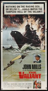 7v924 VALIANT 3sh '62 John Mills, cool artwork of World War II battleship under fire!
