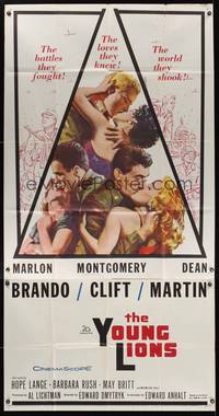 7v955 YOUNG LIONS 3sh '58 art of Nazi Marlon Brando, Dean Martin & Montgomery Clift, different!