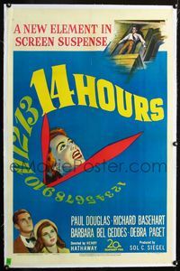 7w048 14 HOURS linen 1sh '51 Richard Basehart, Paul Douglas, Barbara Bel Geddes, cool clock design!