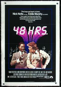 7w049 48 HRS. linen 1sh '82 Nick Nolte is a cop who hates Eddie Murphy who is a convict!