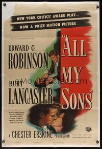 7w002 ALL MY SONS 1sh '48 art of Burt Lancaster choking Edward G. Robinson & kissing pretty girl!