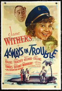 7w052 ALWAYS IN TROUBLE linen 1sh '38 art of smiling Jane Withers + cast stranded on desert island!