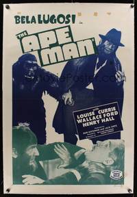 7w055 APE MAN linen 1sh R49 great full-length image of Bela Lugosi holding ape's hand!