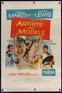 7w058 ARTISTS & MODELS linen 1sh '55 Dean Martin & Jerry Lewis painting sexy Shirley MacLaine!